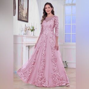 Candy Pink Illusion 3/4 Sleeves Tulle Lace Long MOB/ MOG Dresses With Sequins